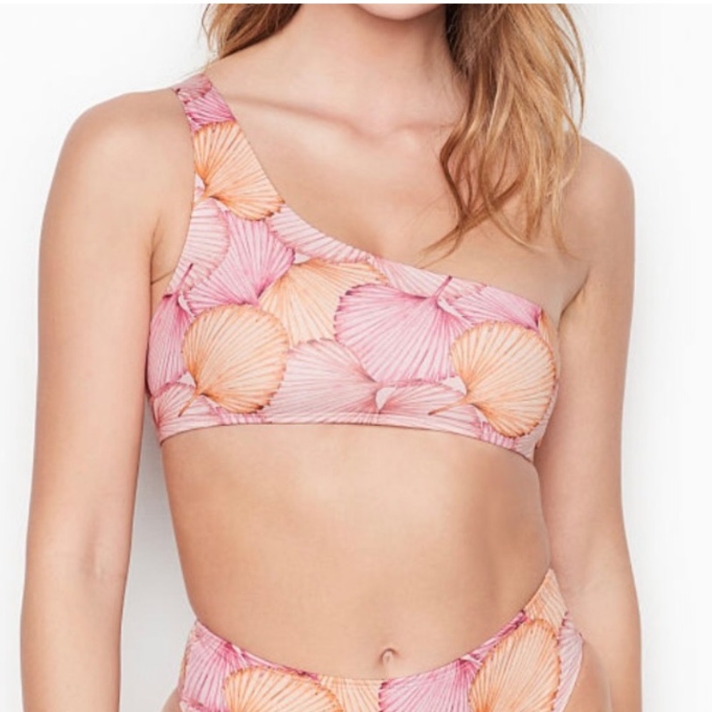 La Gotta Orange Pink Shell / Palm Leaf One Shoulder Bikini Swim Top Sz Large